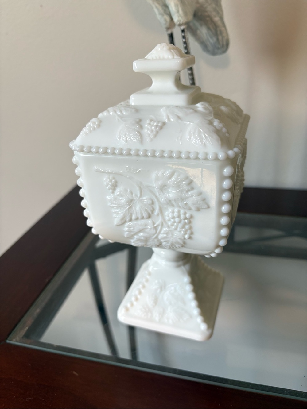 White Milk Glass Decorative Covered Compote